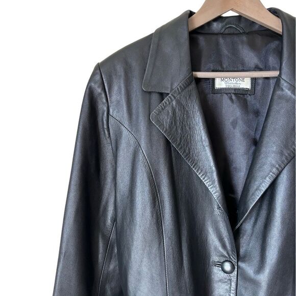 Montone Collection Vera Pelle Leather Black Shirt Blazer Jacket Size L - Picture 4 of 9